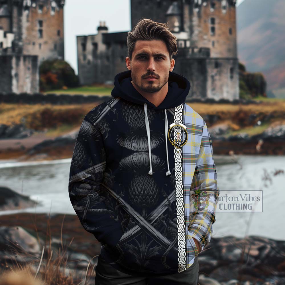 Tartan Vibes Clothing Bell Tartan Cotton Hoodie with Family Crest Cross Sword Thistle Celtic Vibes