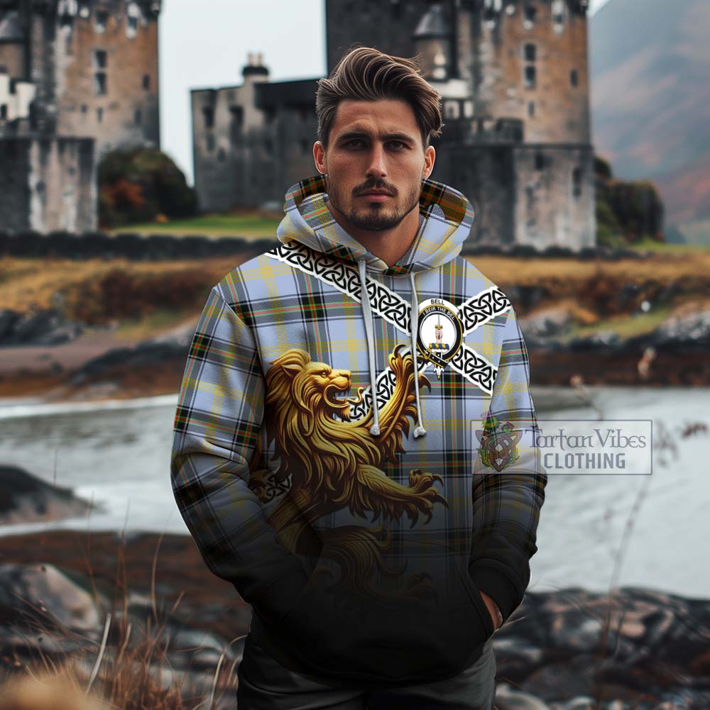 Tartan Vibes Clothing Bell Crest Tartan Cotton Hoodie with Golden Lion Emblem Celtic Style