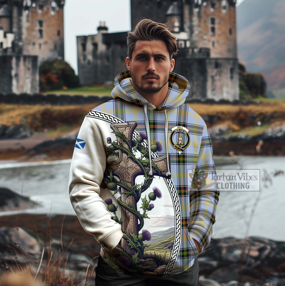 Tartan Vibes Clothing Bell Tartan Cotton Hoodie with Family Crest and St. Andrew's Cross Accented by Thistle Vines