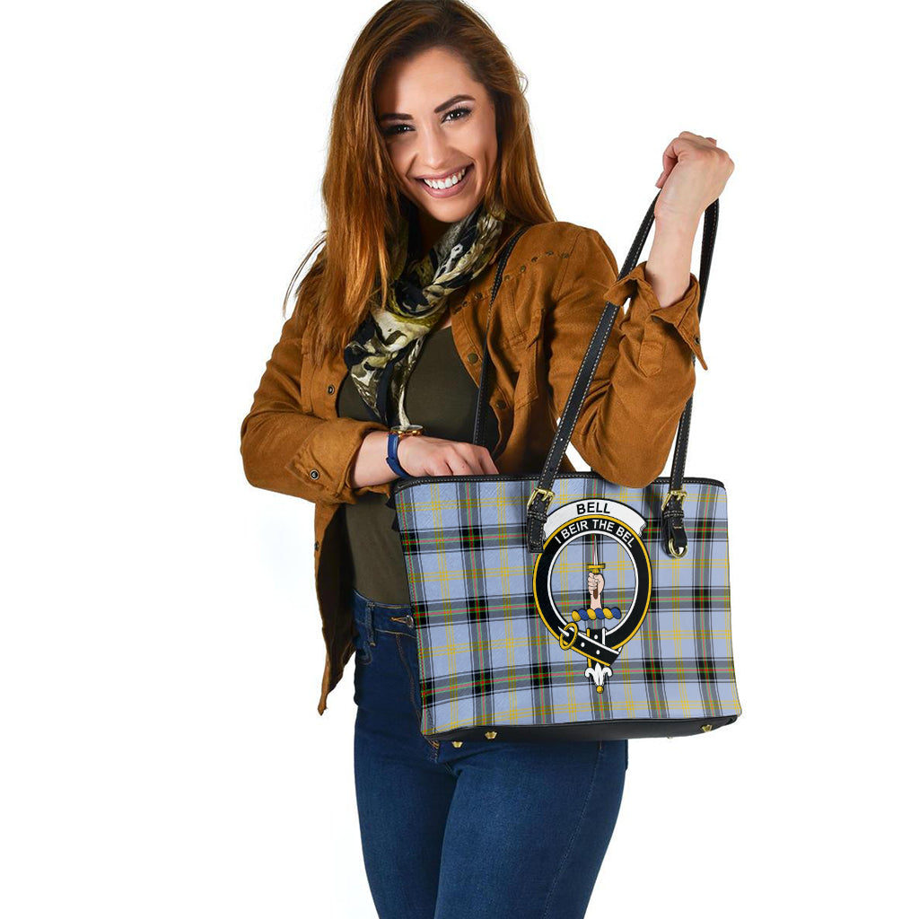 Bell Tartan Leather Tote Bag with Family Crest - Tartanvibesclothing