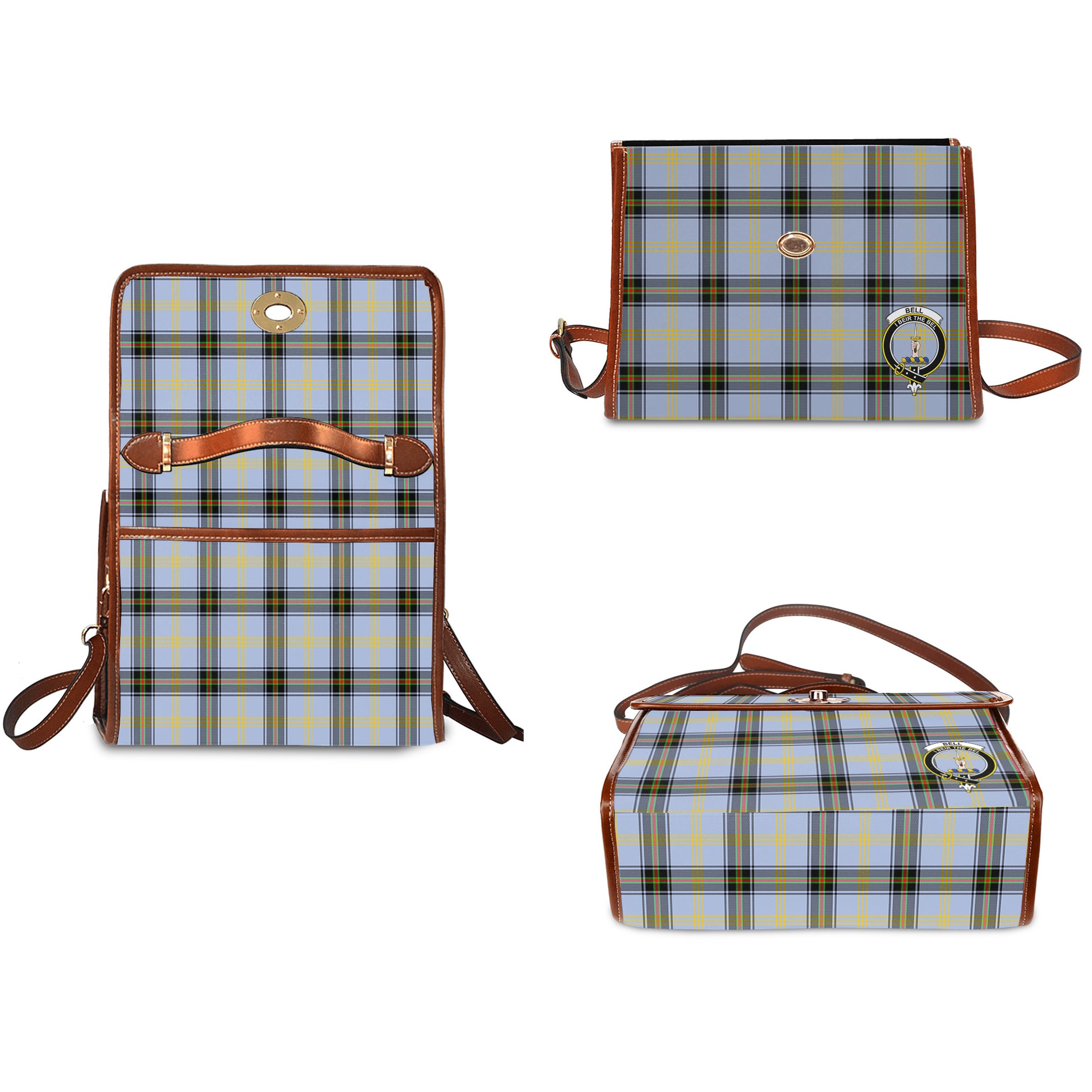 Bell Tartan Leather Strap Waterproof Canvas Bag with Family Crest - Tartanvibesclothing