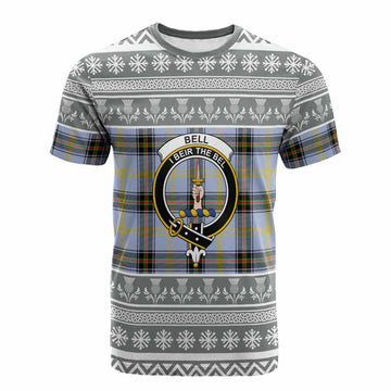Bell Clan Tartan Christmas Cotton T-shirt with Family Crest