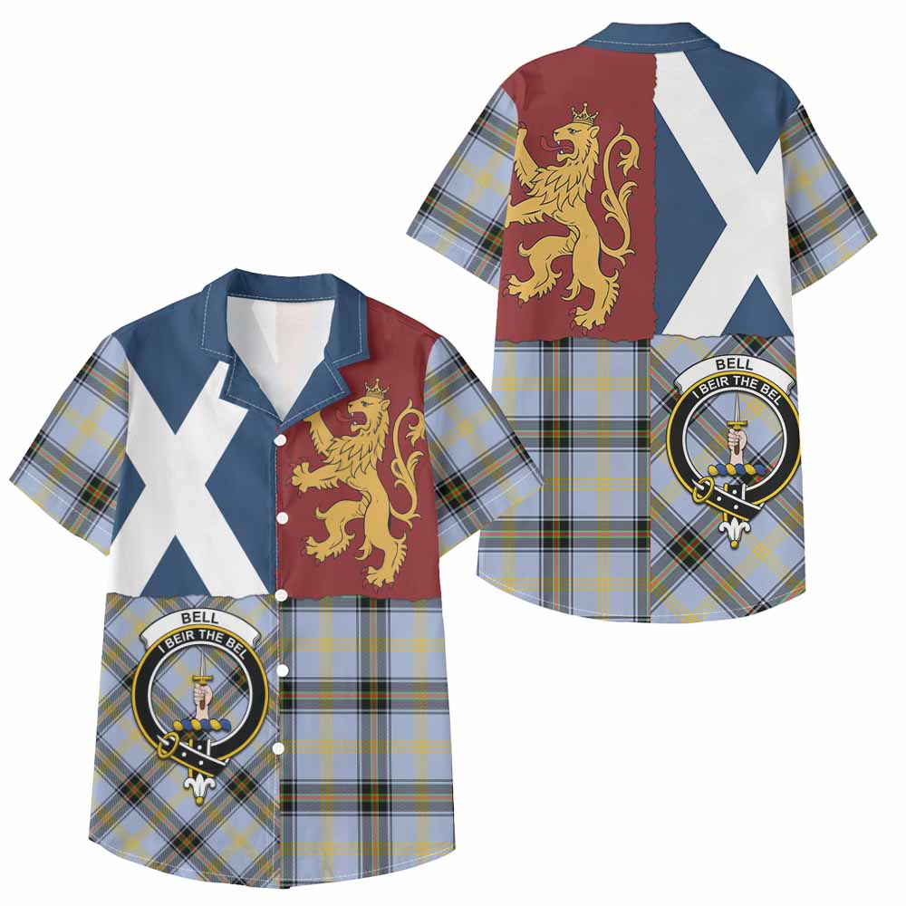 Bell Crest Tartan Kid Hawaiian Shirt with Lion Rampant Saltire Style - Tartan Vibes Clothing