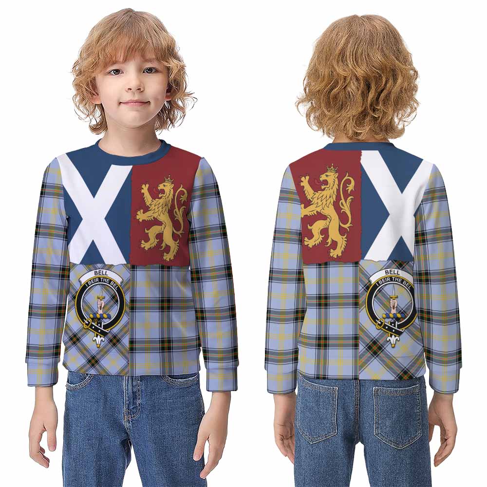 Bell Crest Tartan Kid Knitted Sweatshirt with Lion Rampant Saltire Style - Tartan Vibes Clothing