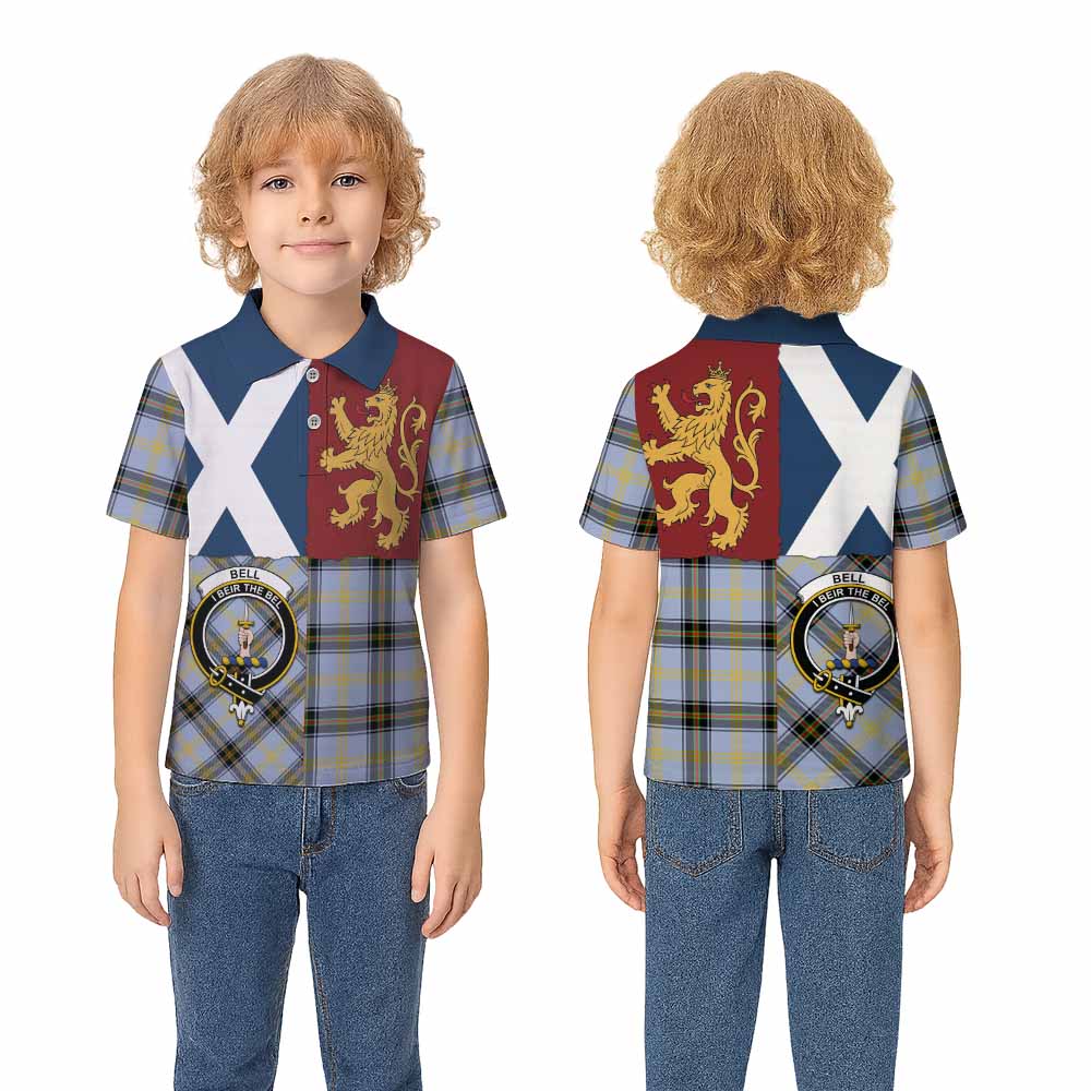 Bell Crest Tartan Kid Polo Shirt with Lion Rampant Saltire Style - Tartan Vibes Clothing