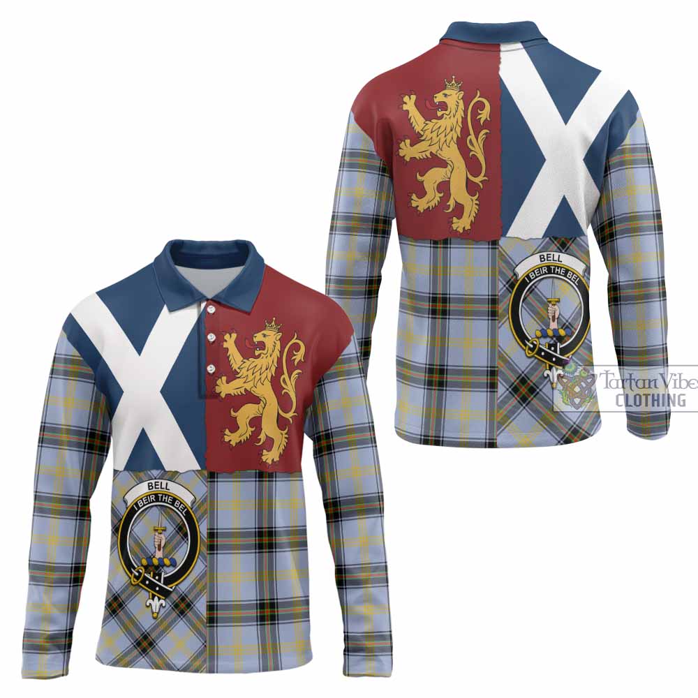 Bell Crest Tartan Long Sleeve Polo Shirt with Lion Rampant Saltire Style