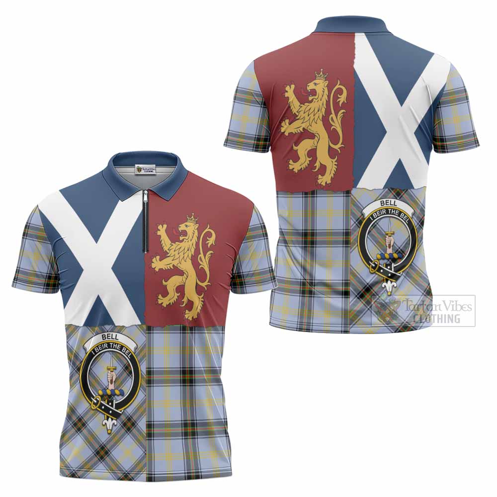 Bell Crest Tartan Zipper Polo Shirt with Lion Rampant Saltire Style