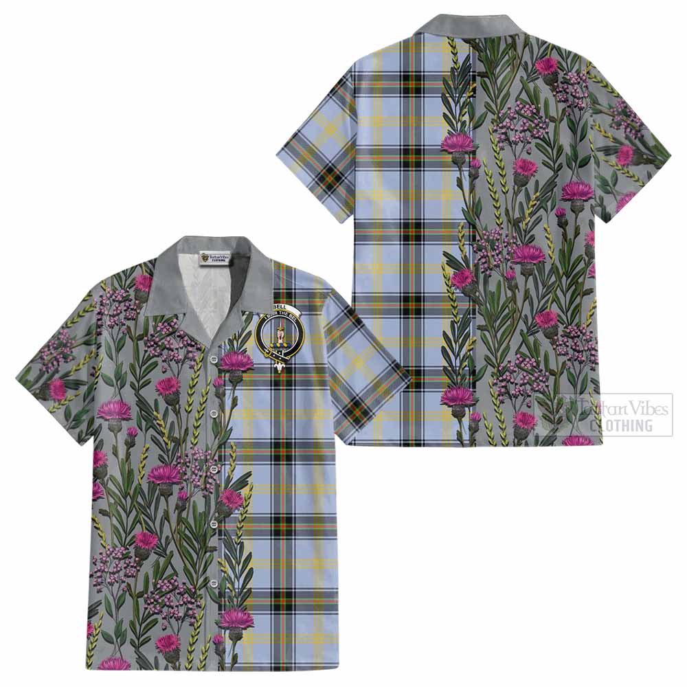 Bell Family Crest Tartan Cotton Hawaiian Shirt Scottish Thistle Flower Pattern Half Style - Tartan Vibes Clothing