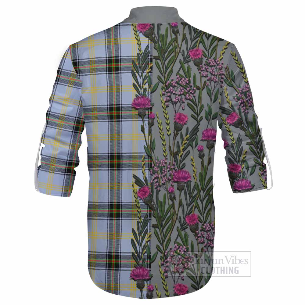 Bell Family Crest Tartan Ghillie Shirt Scottish Thistle Flower Pattern Half Style - Tartan Vibes Clothing