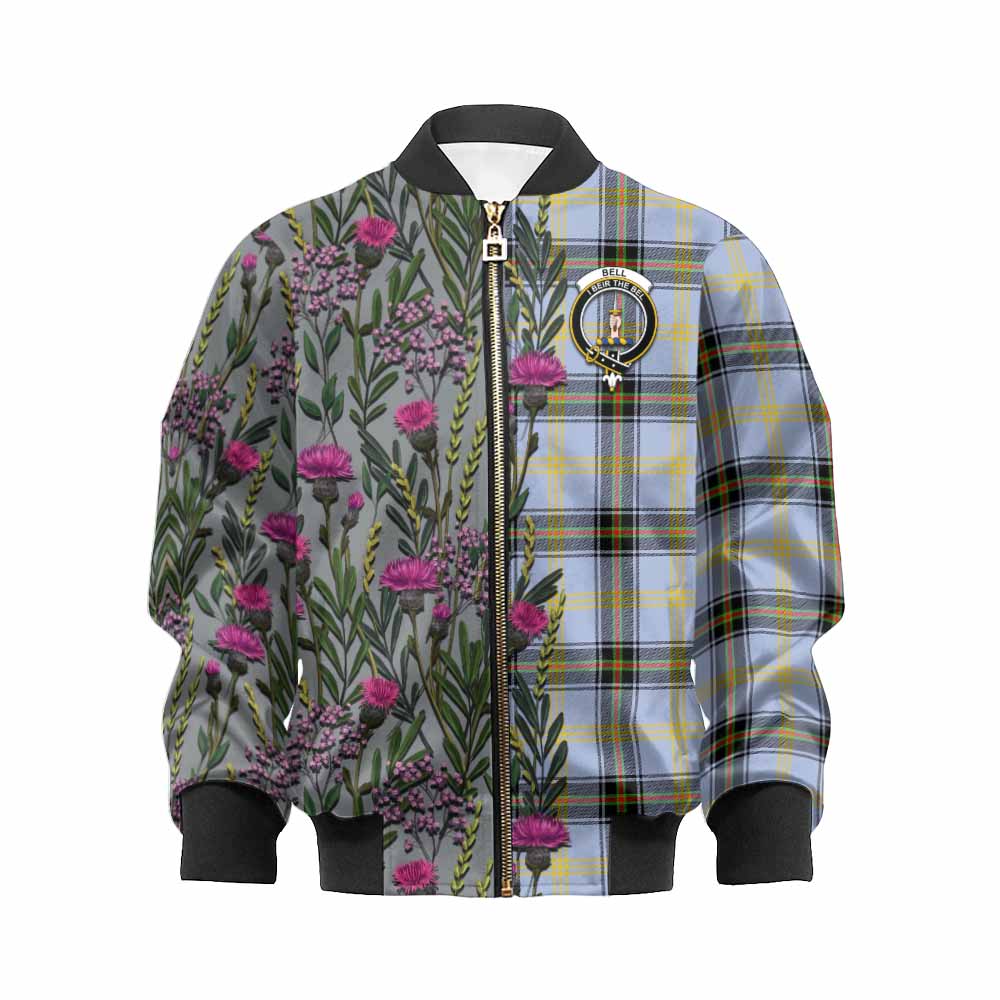 Bell Family Crest Tartan Kid Bomber Jacket Scottish Thistle Flower Pattern Half Style - Tartan Vibes Clothing