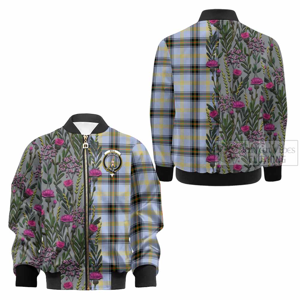 Bell Family Crest Tartan Kid Bomber Jacket Scottish Thistle Flower Pattern Half Style - Tartan Vibes Clothing
