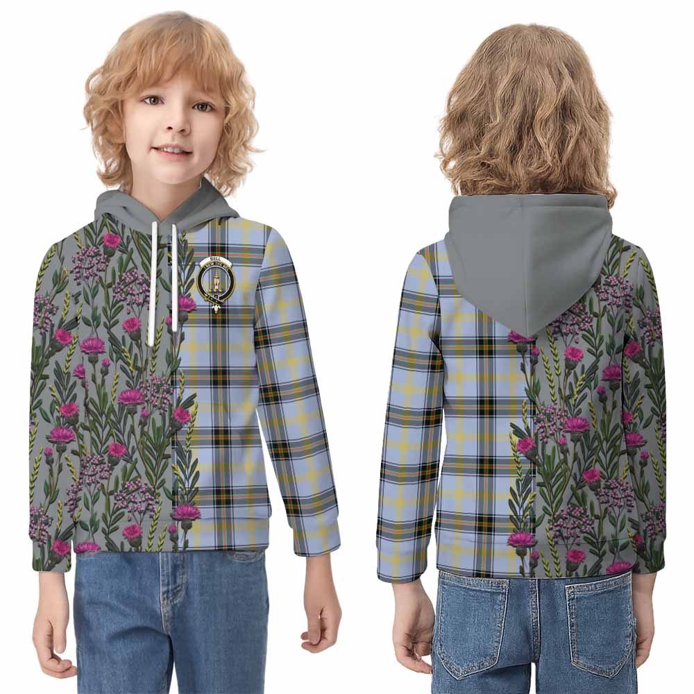 Bell Family Crest Tartan Kid Hoodie Scottish Thistle Flower Pattern Half Style - Tartan Vibes Clothing