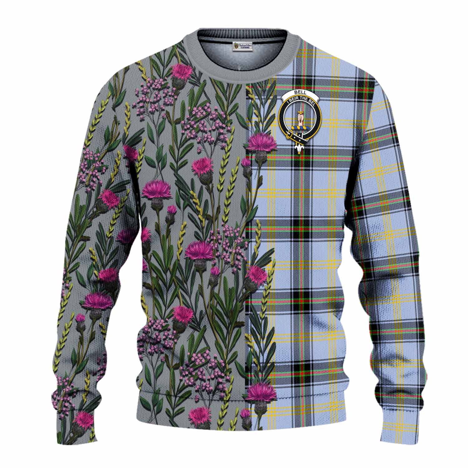 Bell Family Crest Tartan Knitted Sweater Scottish Thistle Flower Pattern Half Style - Tartan Vibes Clothing