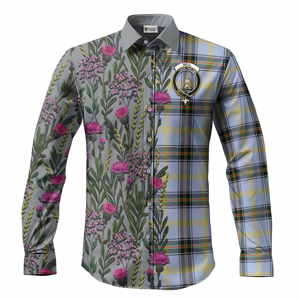 Bell Family Crest Tartan Long Sleeve Button Shirts Scottish Thistle Flower Pattern Half Style - Tartan Vibes Clothing