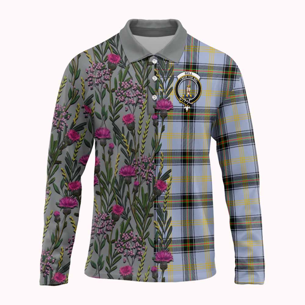 Bell Family Crest Tartan Long Sleeve Polo Shirt Scottish Thistle Flower Pattern Half Style - Tartan Vibes Clothing