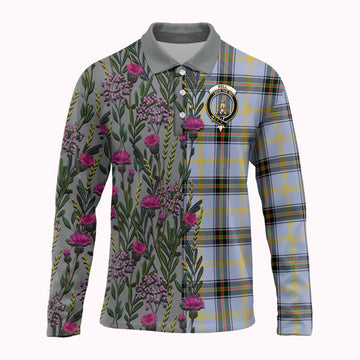 Bell Family Crest Tartan Long Sleeve Polo Shirt Scottish Thistle Flower Pattern Half Style