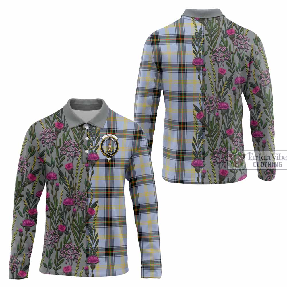 Bell Family Crest Tartan Long Sleeve Polo Shirt Scottish Thistle Flower Pattern Half Style - Tartan Vibes Clothing