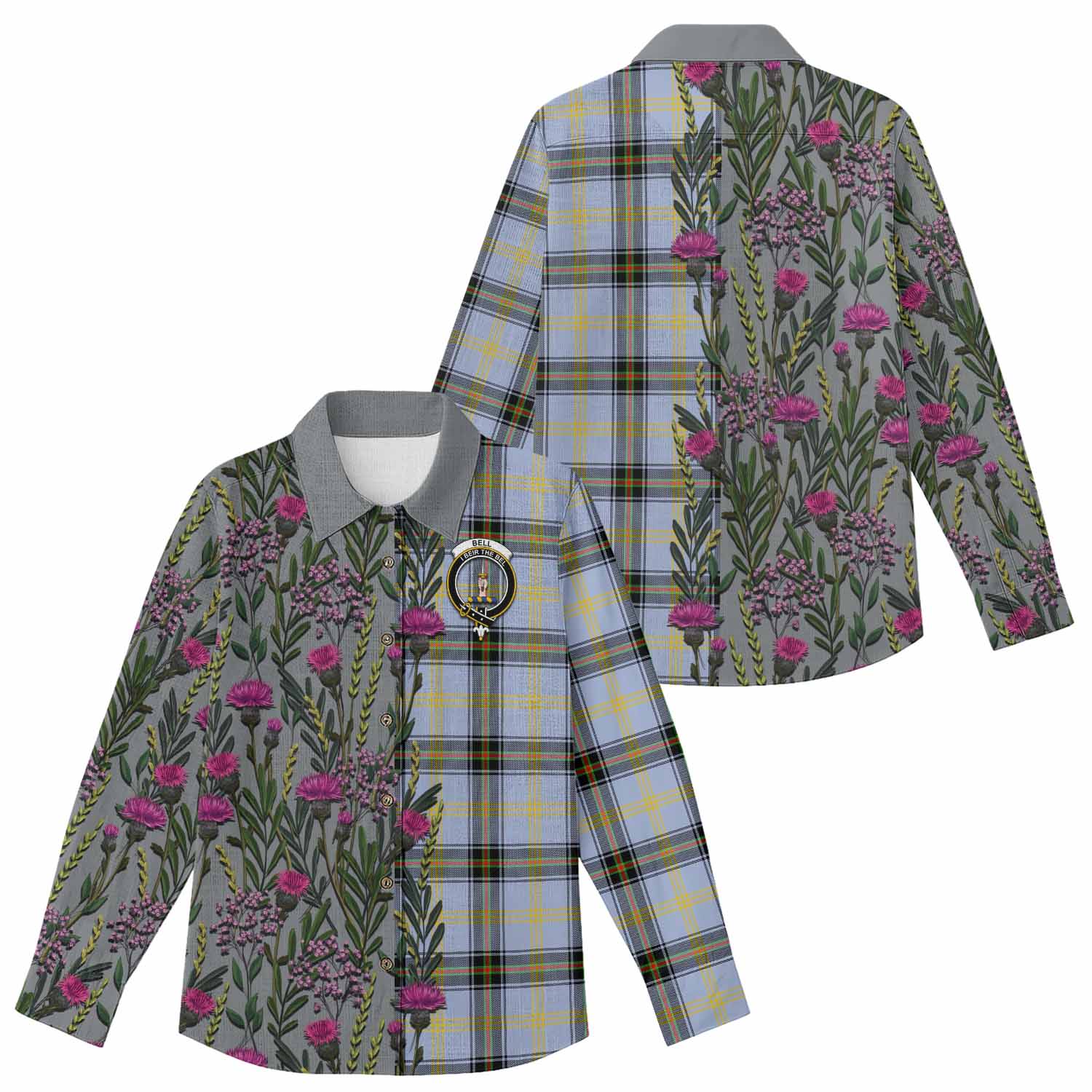 Bell Family Crest Tartan Women Casual Shirt Scottish Thistle Flower Pattern Half Style - Tartan Vibes Clothing