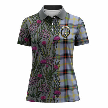 Bell Family Crest Tartan Women Polo Shirt Scottish Thistle Flower Pattern Half Style