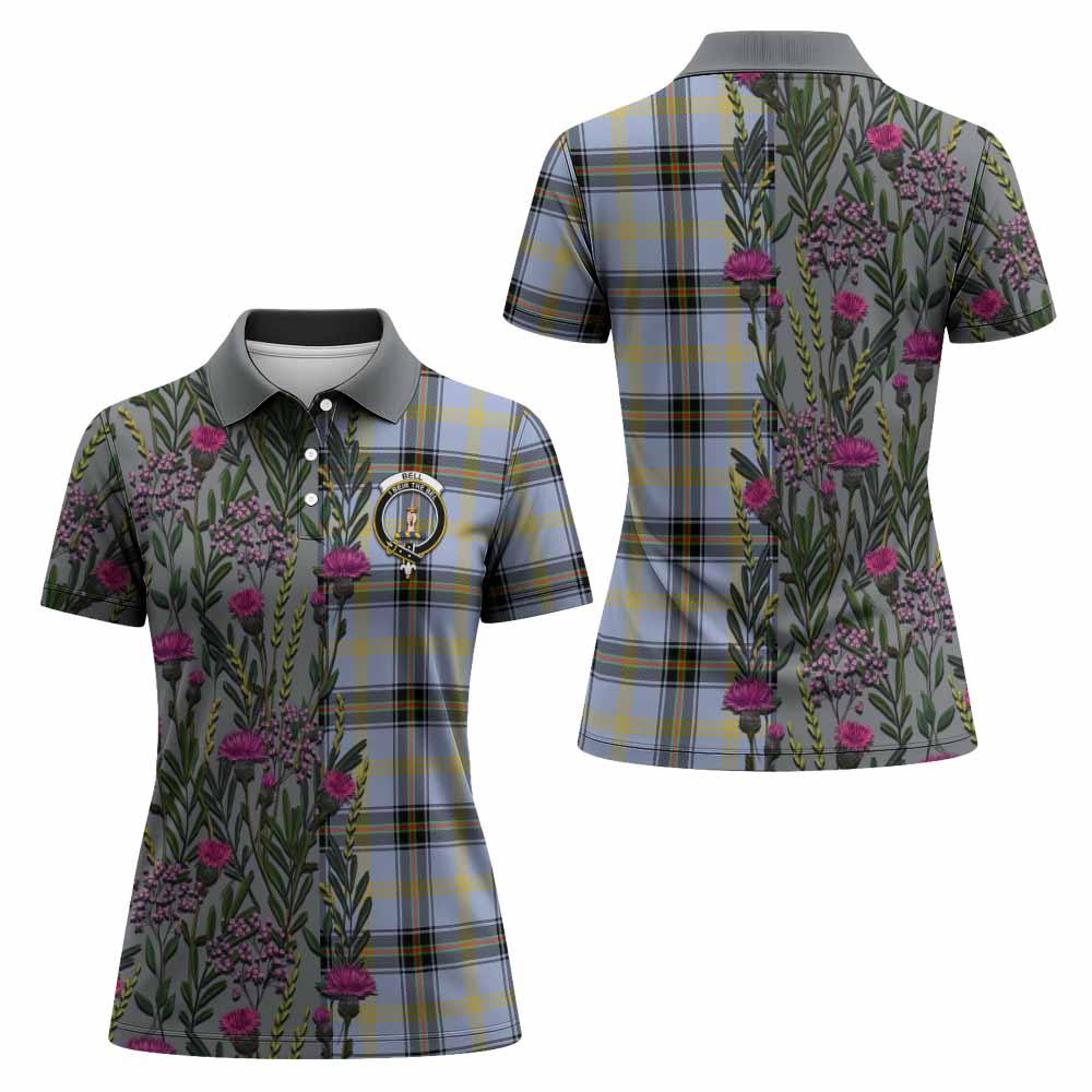 Bell Family Crest Tartan Women Polo Shirt Scottish Thistle Flower Pattern Half Style - Tartan Vibes Clothing