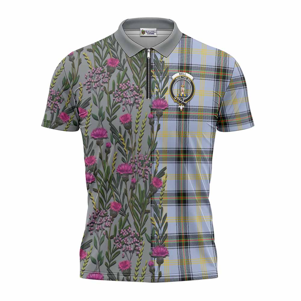 Bell Family Crest Tartan Zipper Polo Shirt Scottish Thistle Flower Pattern Half Style - Tartan Vibes Clothing
