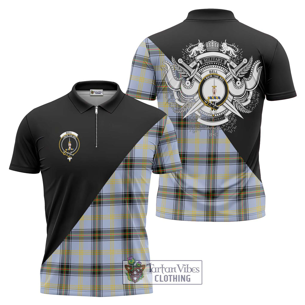 Bell of the Borders Tartan Zipper Polo Shirt with Family Crest and Military Logo Style Unisex - Tartanvibesclothing Shop
