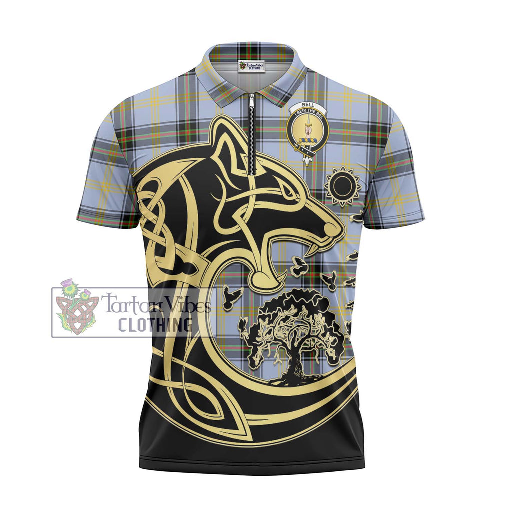 Bell of the Borders Tartan Zipper Polo Shirt with Family Crest Celtic Wolf Style - Tartanvibesclothing Shop