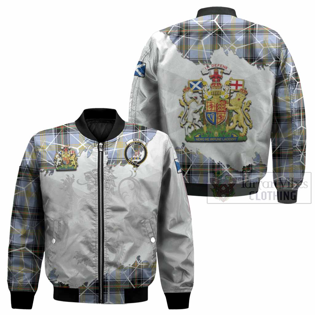 Bell Tartan Bomber Jacket with Family Crest and Lion Rampant Grunge Style