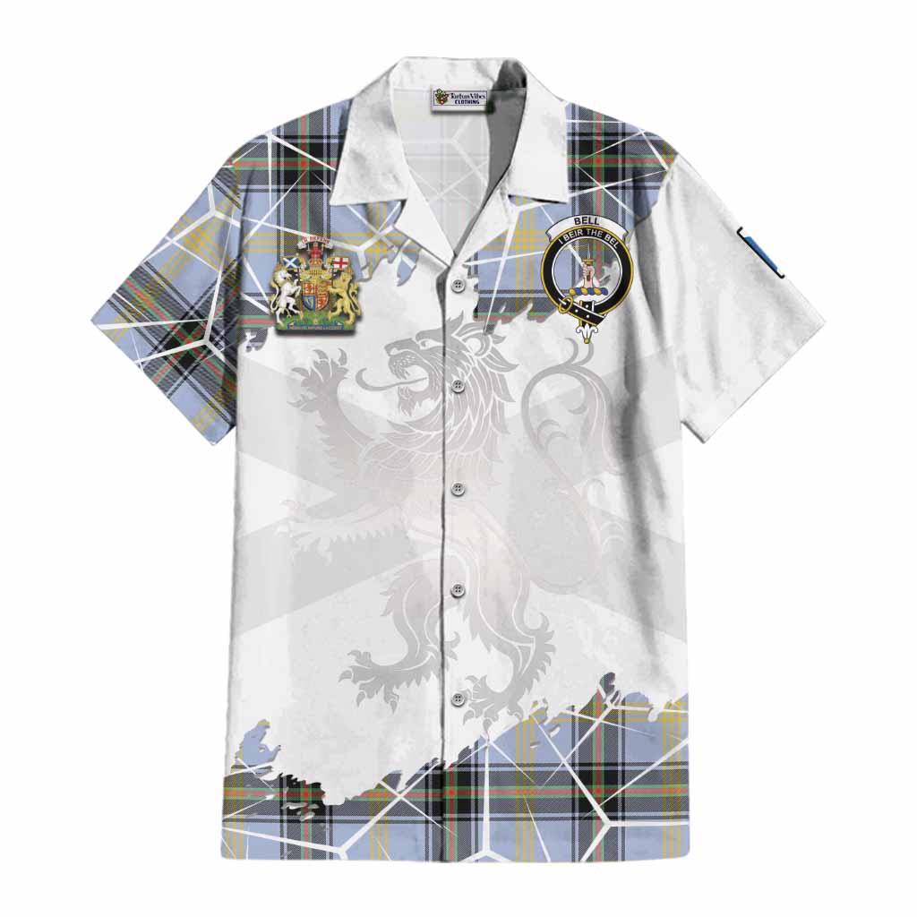 Bell Tartan Cotton Hawaiian Shirt with Family Crest and Lion Rampant Grunge Style