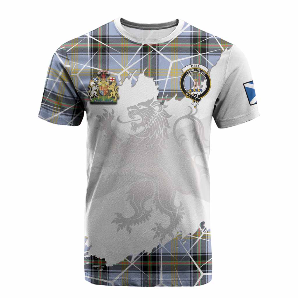 Bell Tartan Cotton T-shirt with Family Crest and Lion Rampant Grunge Style