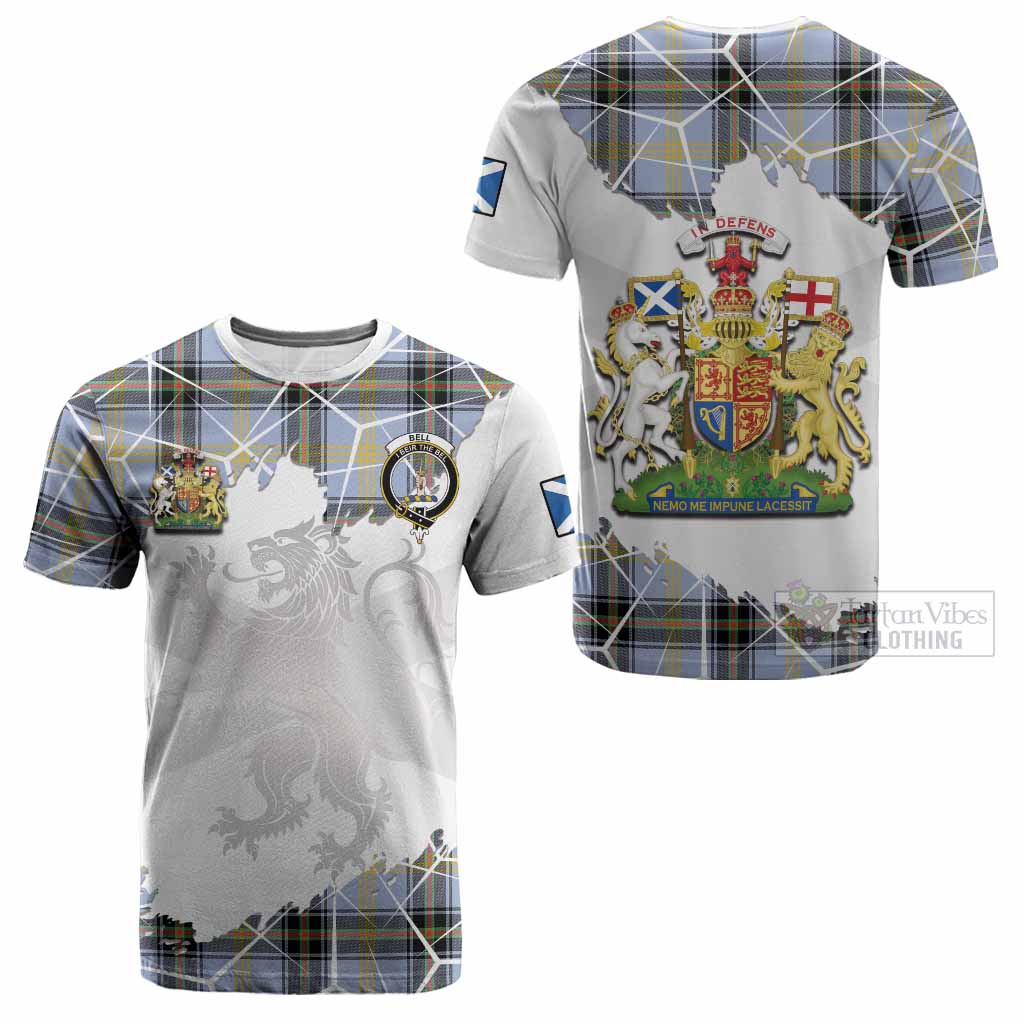 Bell Tartan Cotton T-shirt with Family Crest and Lion Rampant Grunge Style