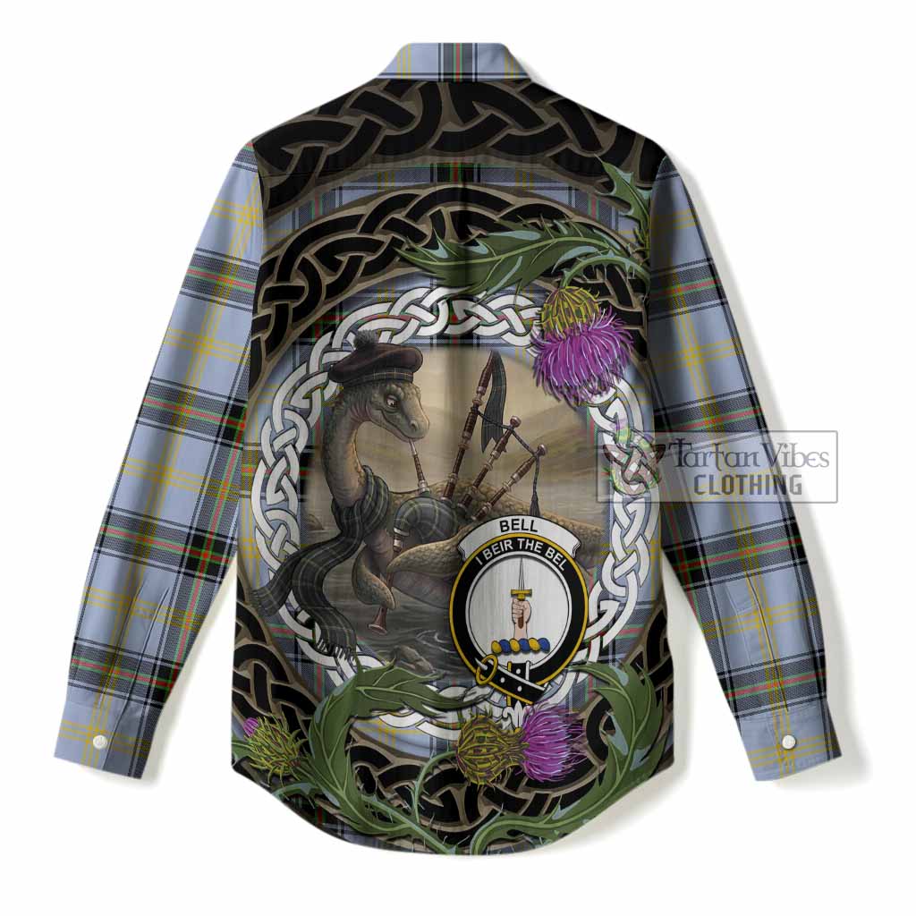 Bell Tartan Crest Bagpipe Nessie Women Casual Shirt Scottish Loch Ness Monster Celtic Thistle