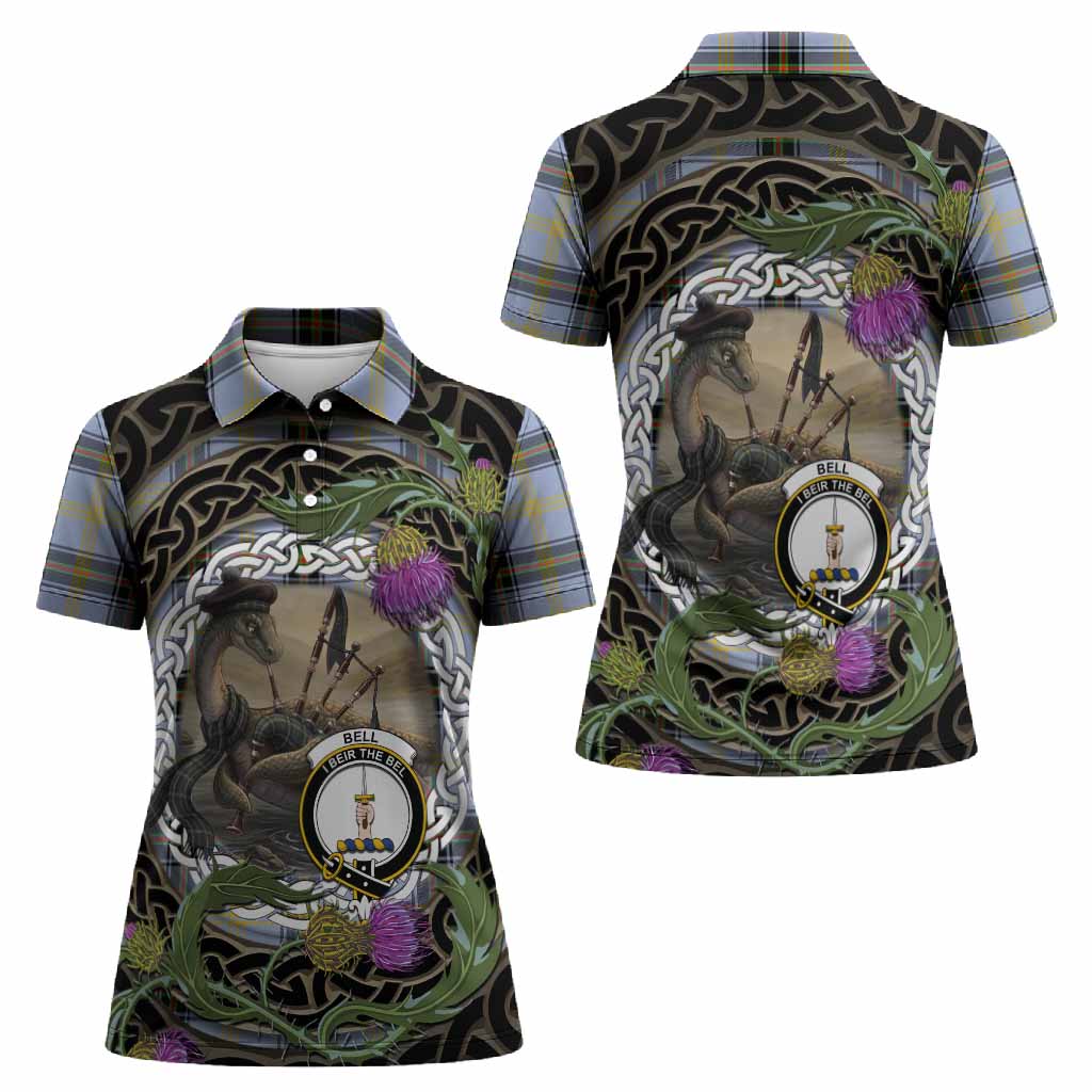 Bell Tartan Crest Bagpipe Nessie Women Polo Shirt Scottish Loch Ness Monster Celtic Thistle