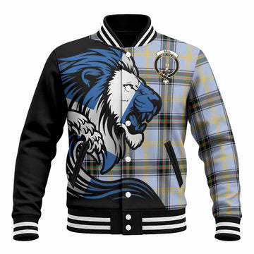 Bell Tartan Crest Baseball Jacket Scottish Golden Lions Wave Flow