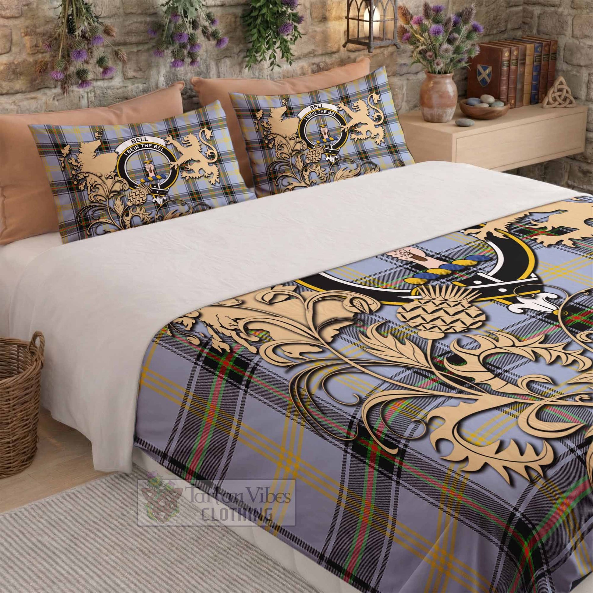 Bell Tartan Crest Bedding Set with Scottish Iconic Symbols 