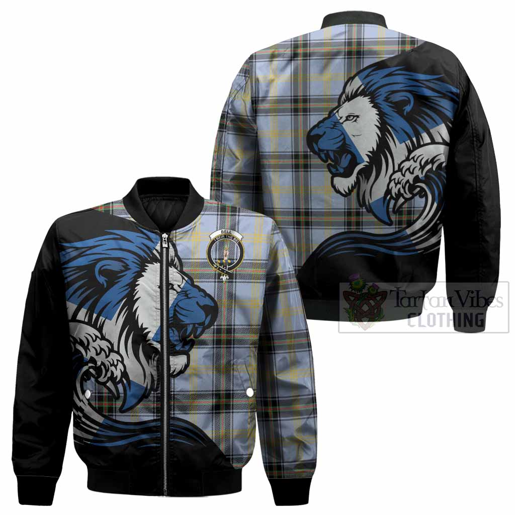 Bell Tartan Crest Bomber Jacket Scottish Golden Lions Wave Flow