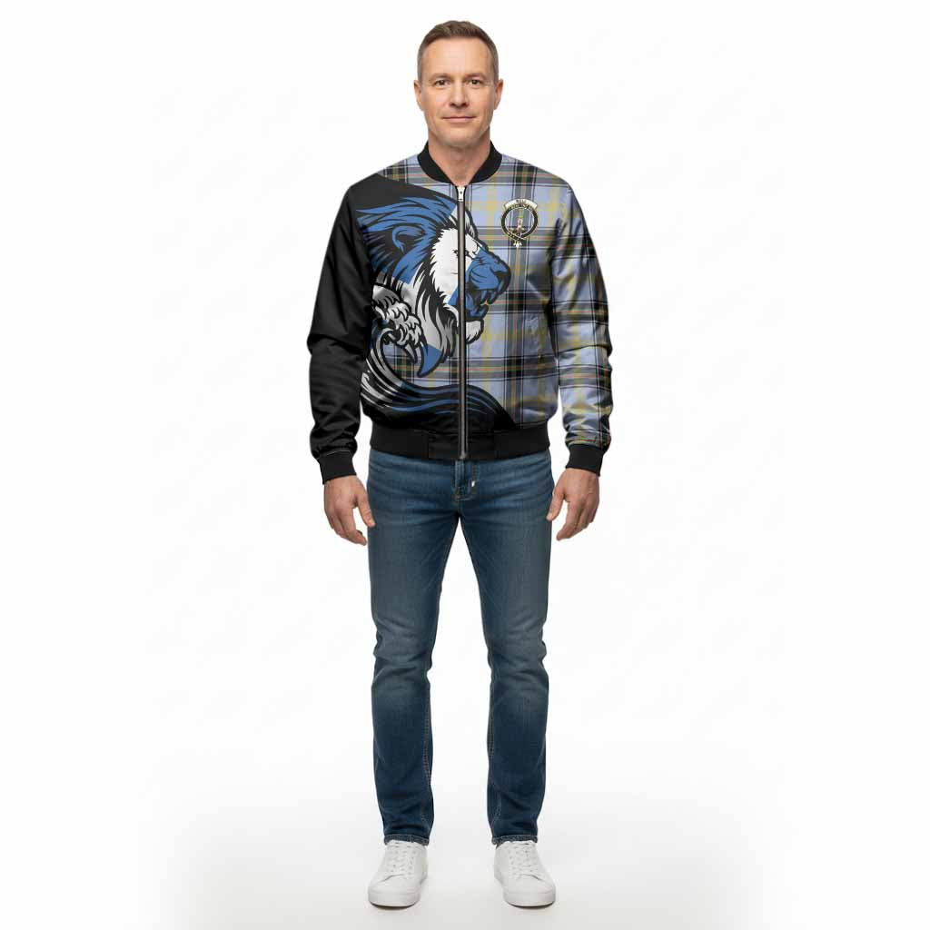 Bell Tartan Crest Bomber Jacket Scottish Golden Lions Wave Flow