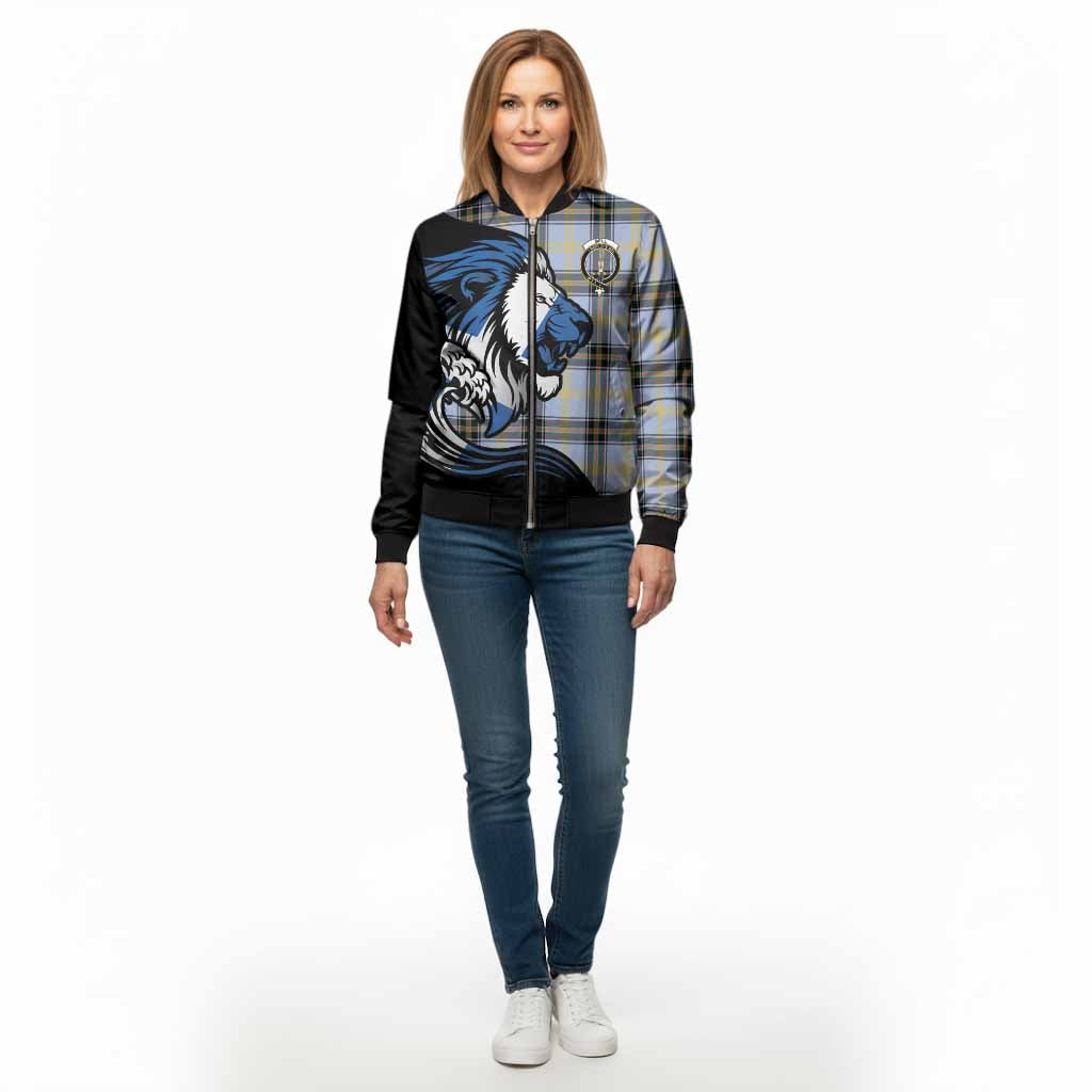 Bell Tartan Crest Bomber Jacket Scottish Golden Lions Wave Flow
