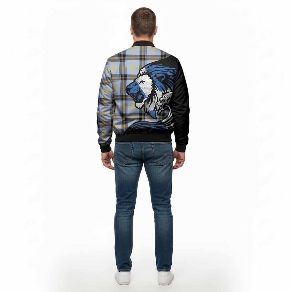 Bell Tartan Crest Bomber Jacket Scottish Golden Lions Wave Flow