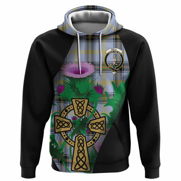 Bell Tartan Crest Hoodie Celtic Cross Thistle Flowers