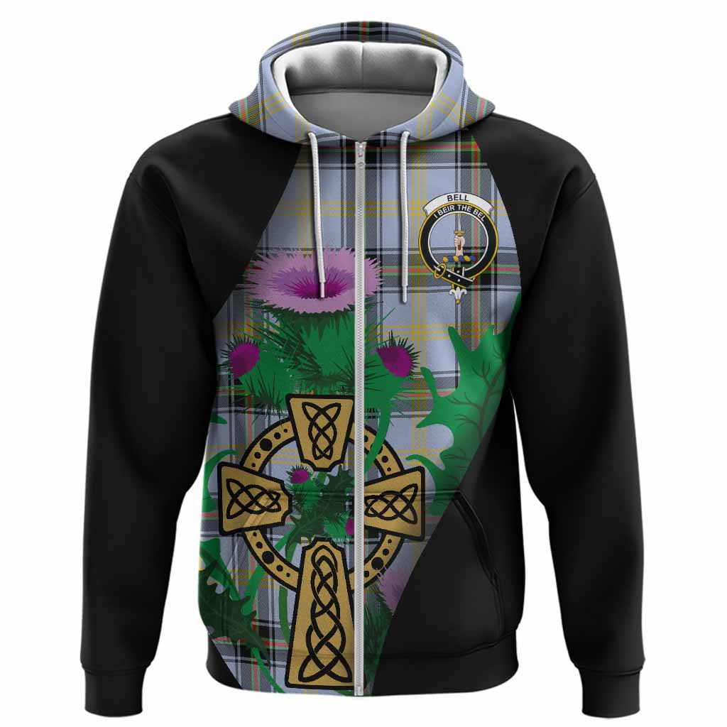 Bell Tartan Crest Hoodie Celtic Cross Thistle Flowers