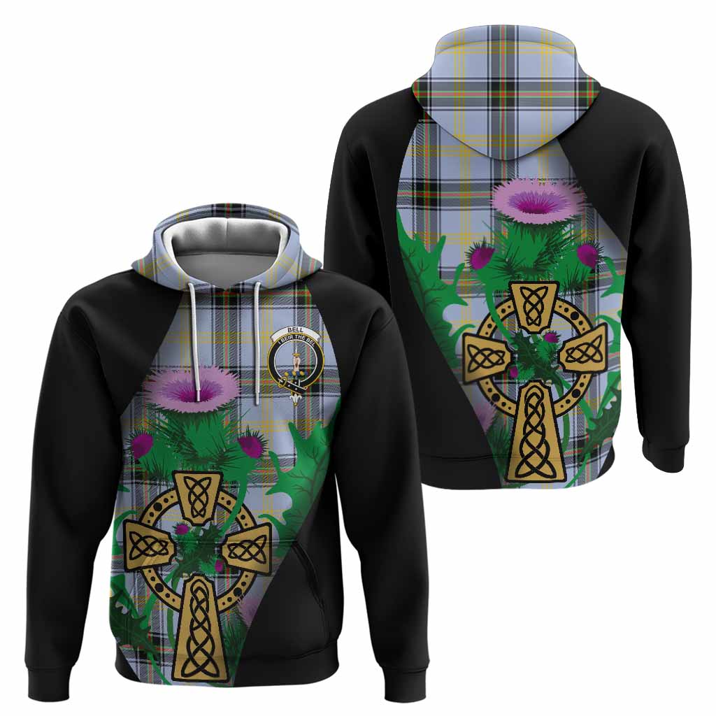 Bell Tartan Crest Hoodie Celtic Cross Thistle Flowers
