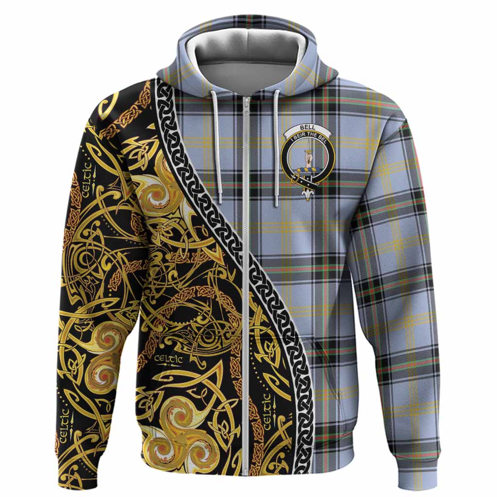 Bell Tartan Crest Hoodie Celtic Knot and Triple Trickle Spiral Symbols