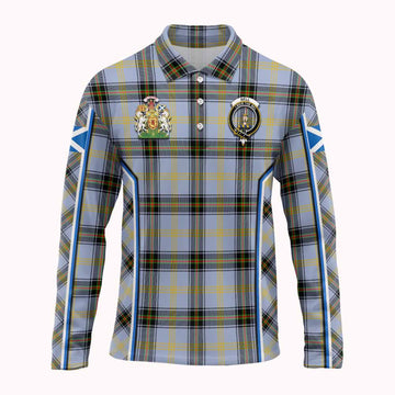 Bell Tartan Crest Long Sleeve Polo Shirt Scotland Coat of Arm Flag Style