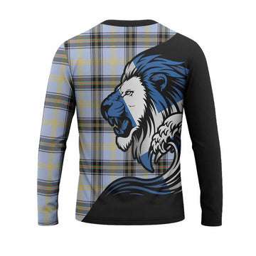 Bell Tartan Crest Long Sleeve T-Shirt Scottish Golden Lions Wave Flow