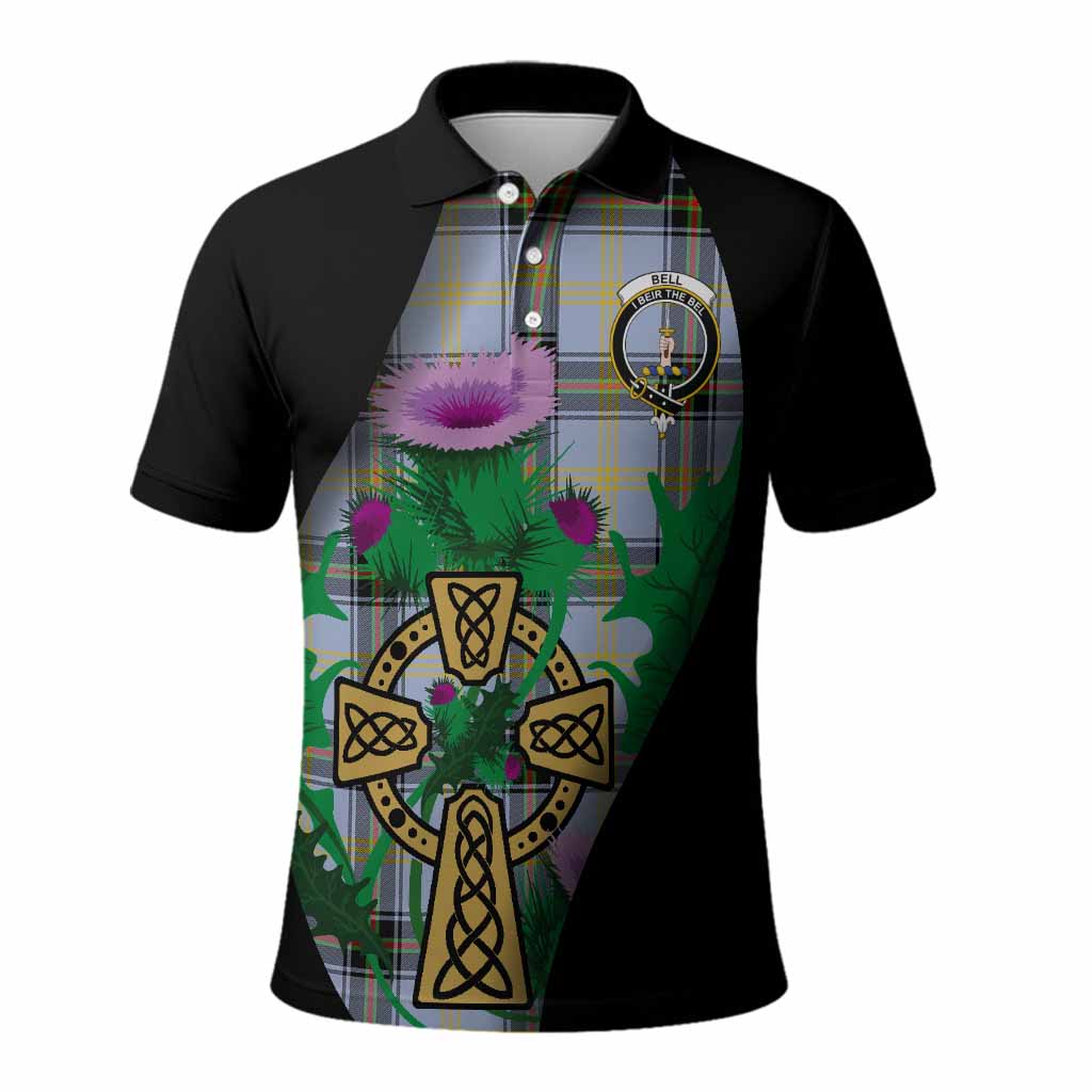 Bell Tartan Crest Polo Shirt Celtic Cross Thistle Flowers