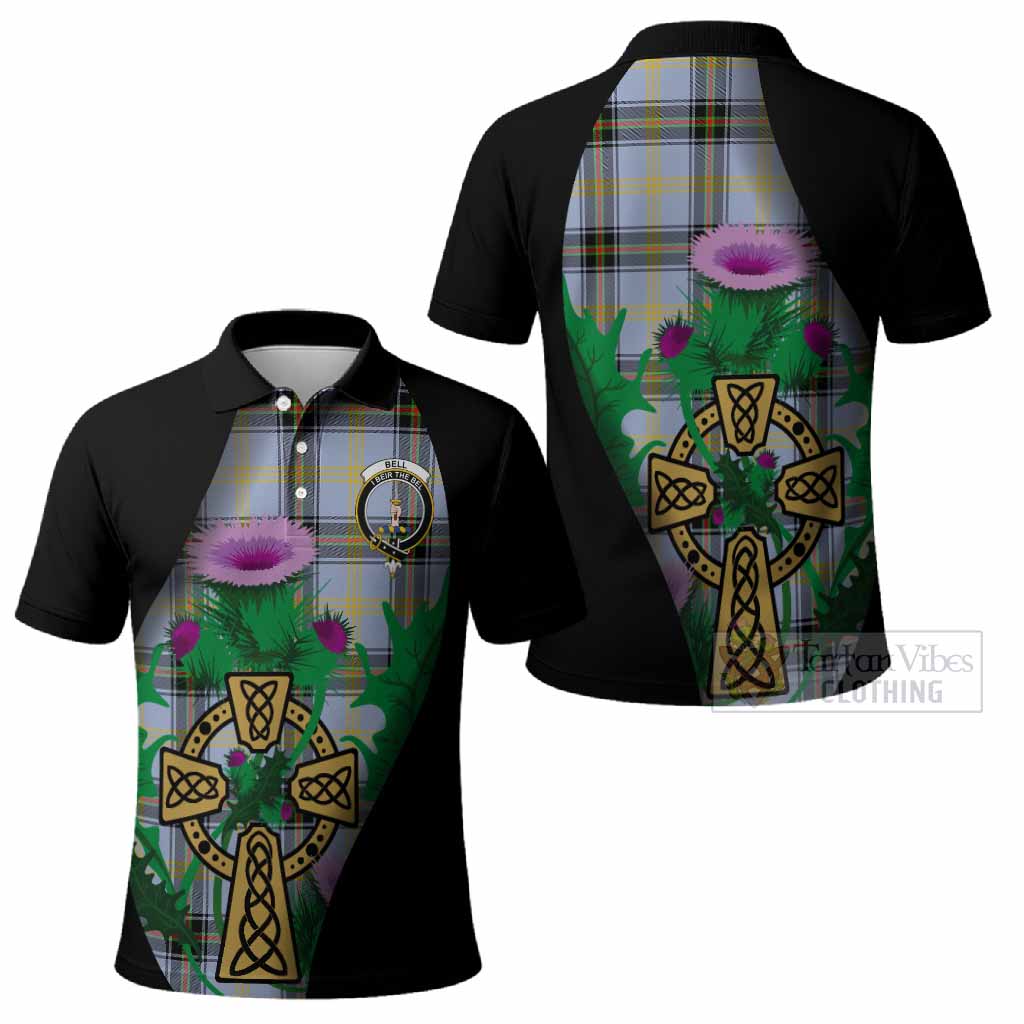 Bell Tartan Crest Polo Shirt Celtic Cross Thistle Flowers
