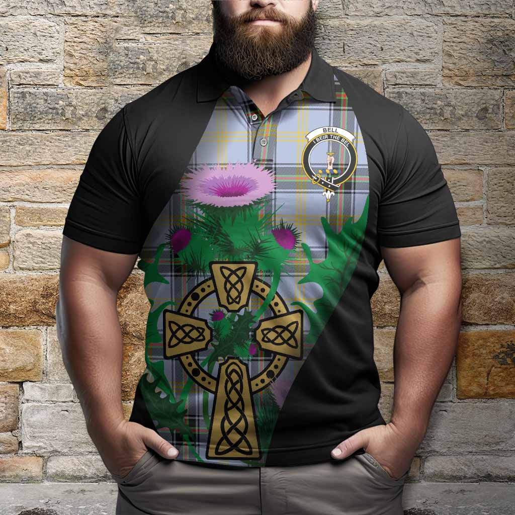 Bell Tartan Crest Polo Shirt Celtic Cross Thistle Flowers