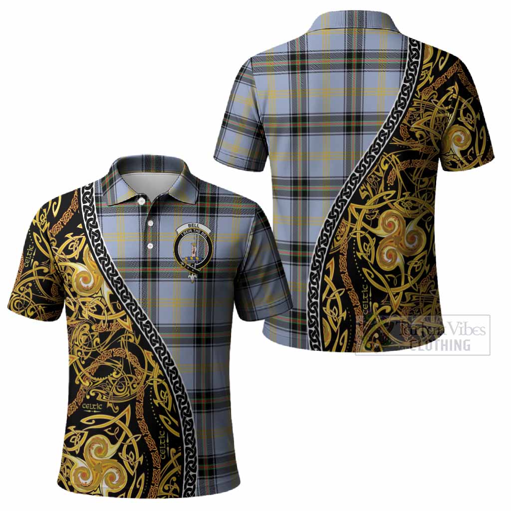 Bell Tartan Crest Polo Shirt Celtic Knot and Triple Trickle Spiral Symbols