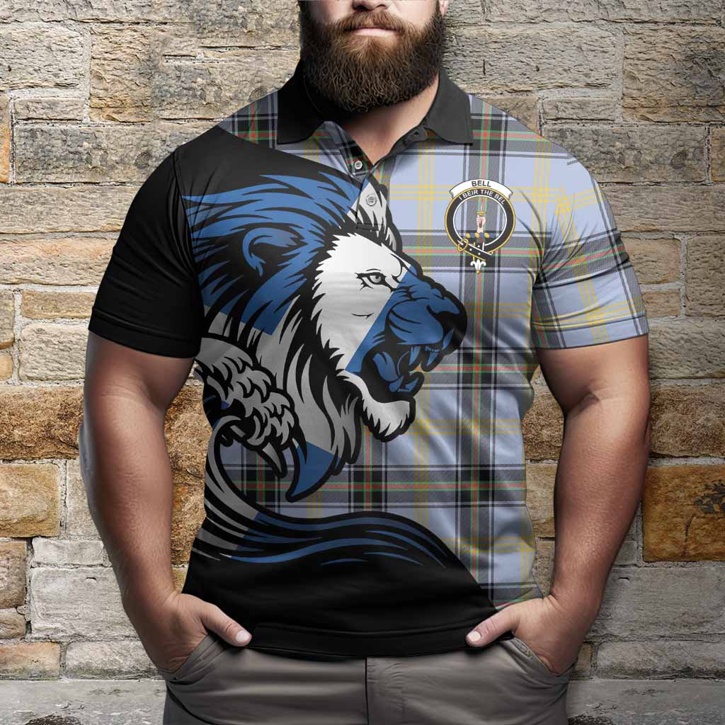 Bell Tartan Crest Polo Shirt Scottish Golden Lions Wave Flow